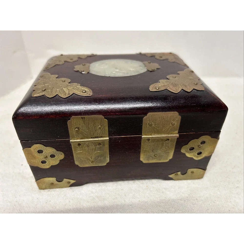 Vintage Jewelry Box Asian Oriental Chinese Ornate Brass Wood Jade Like Carving